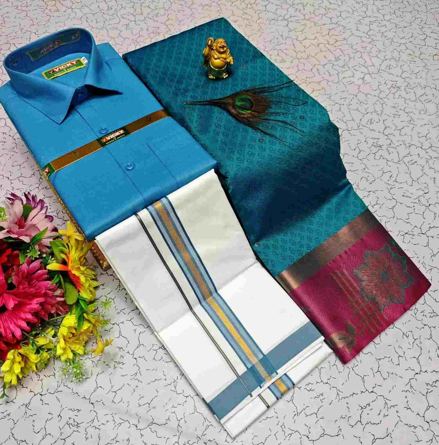 Teal Mayil Contrast Karizma Silk Couple Combo